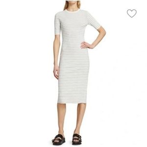 Theory ribbed ivory and black striped long sleeve midi dress size label P
